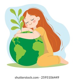 The girl holds the green Earth in her arms, showing care and love for the planet. This eco-friendly illustration celebrates Earth Day and the importance of saving our planet. 