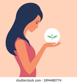 The girl holds a green sprout in her hands. The concept of caring for the environment. Vector flat illustration.