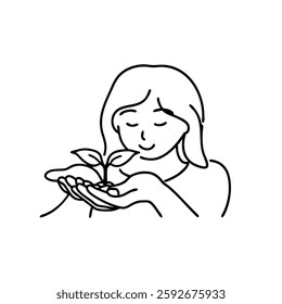 The girl holds a green sprout in her hands Hand drawn line art flat vector illustration on white background.