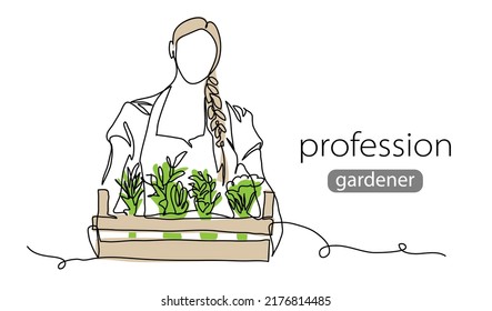 Girl holds greenery in a box. Vector background, banner, poster. One continuous line art drawing illustration of box with greenery,herbs.