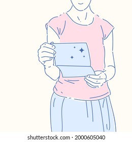 A girl holds a greeting card. A young woman receives a letter. Vector illustration drawn by hand.
