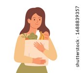 Girl holds grocery bag with natural products. Woman made food supplies. Healthy eating concept, zero waste and sustainable lifestyle vector illustration.