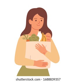 Girl holds grocery bag with natural products. Woman made food supplies. Healthy eating concept, zero waste and sustainable lifestyle vector illustration.