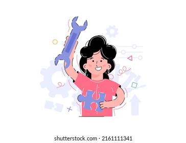The girl holds a hand key in her hands. Element for the design of presentations, applications and websites. Trend illustration. Vector illustration