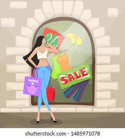 A girl holds a handbag and talks on the phone near the storefront. The store sells goods at a discount, sale. Cartoon Flat Vector Illustration