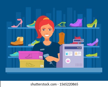 A girl holds a handheld scanner, scans shoe box barcode. Friendly cute lady smiling, checks out purchases. Shelves with different shoes on a dark blue background. Vector cartoon illustration.