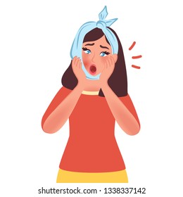 A girl holds the hands of the patient's tooth. Toothache. Vector illustration of people getting sick