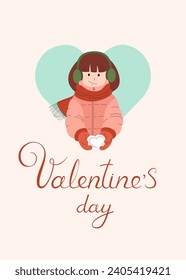 Girl holds heart of snow. Valentines Day vertical greeting card. Girl in winter clothes. Valentines Day lettering. Romantic greeting in vintage style. Declaration of love. Vector flat illustration.