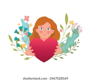 The girl holds a heart, a valentine in her hands. Vector illustration for Valentine's Day, Mother's Day, Father's Day. Congratulations on the holiday. Template for a postcard. EPS10