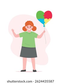 Garota segura um balão em forma de coração feito de quebra-cabeças coloridos como um símbolo de autismo, diferenças mentais. Gráficos simples vetoriais.