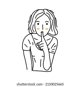 Girl holds her finger to her lips, hinting to be quieter. Black and white vector isolated illustration hand drawn. Sign of silence
