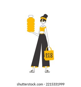 The girl holds in her hands an eco bag and a bottle made of biodegradable plastic. The concept of ecological products. Linear trendy style.