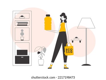 The girl holds in her hands an eco bag and a bottle made of biodegradable plastic. The concept of ecological products. Lineart trendy style.