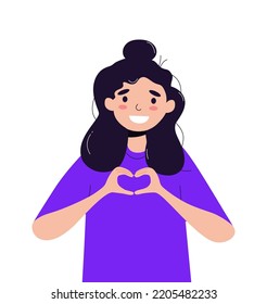 The girl holds her hands in the form of a heart. Love sign. Vector stock illustration. White background. Character. flat style