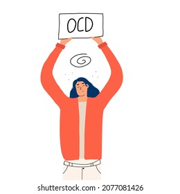 The girl holds in her hands a sign with the words OCD. Concept on obsessive compulsive disorder. Vector hand-drawn illustration.