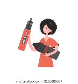 The girl holds in her hands a system for vaping. Flat style. Isolated. Vector illustration.