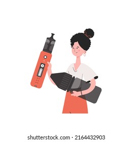 The girl holds in her hands a system for vaping. Flat style. Isolated on white background. Vector illustration.