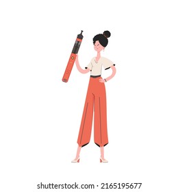 The girl holds in her hands a system for vaping. Trendy style with soft neutral colors. Isolated. Vector illustration.