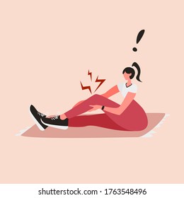 Girl Holds Her Leg And Suffers From Pain Vector Illustration.  Sport Trauma Poster, Design Element. Muscle Sprain, Joint Dislocation.