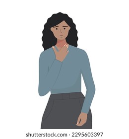 The girl holds her throat, sore throat, odenoids, discomfort in the throat. Medical infographic. Flat vector illustration.