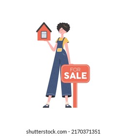 The girl holds the house in her hands. Real estate sale concept. Isolated. Vector illustration.