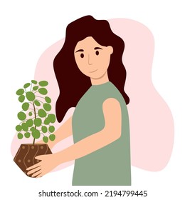 Girl holds a houseplant in her hands. A young woman lovingly takes care of her plants at home. Happy girl holding a potted money plant. Love for nature and plants. hobby indoor plants. Flat style