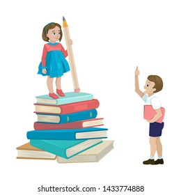 The girl holds a huge pencil, passed the exam, stands on textbooks. The guy shows a thumbs up, praises for achievements in studies. Vector cartoon flat illustration