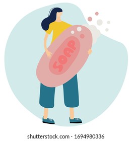 girl holds a huge soap. Vector illustration flat cartoon design isolated on background. wash your hads consept. Personal hygiene.
