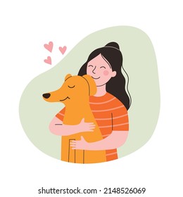 Girl holds and hugs the dog. Children puppies friendship. Vector flat style cartoon illustration