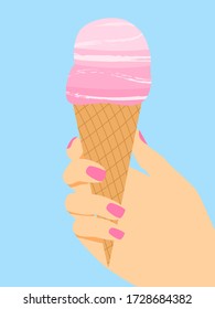 Girl Holds Ice-cream. Pink Cute Flat Isolated Vector Illustration. Woman Hand With Pink Nails Handle Ice Cream In Waffle Cone. Hot Summer Cold Ice Food.