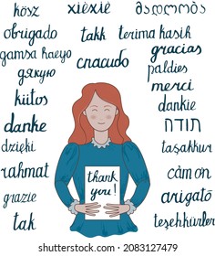 La chica lleva la inscripción "Gracias" en muchos idiomas. Día Internacional de las gracias. Texto de la carta. 