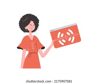 The girl holds the IoT logo in her hands. IoT concept. Isolated. Trendy flat style. Vector illustration.