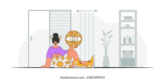 Girl holds IoT logo, modern vector stylization.