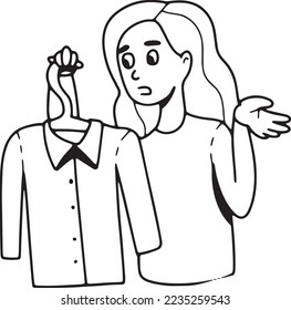 a girl holds a jacket on a hanger and thinks to buy or not stylized bright flat illustration black and white line vector