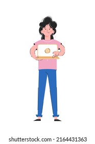 The girl holds a laptop in her hands and presses the play. Isolated on white background. Good for apps, presentations and websites. Vector.