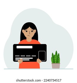 A girl holds a large credit card in his hands. Vector flat illustration