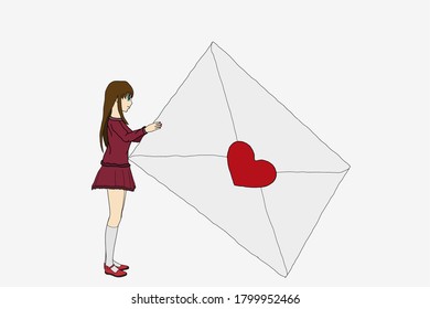 A girl holds a large love letter in her hands
