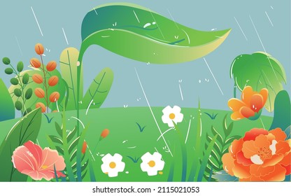 A girl holds a leaf to block the rain against a large field of plants in the background, vector illustration