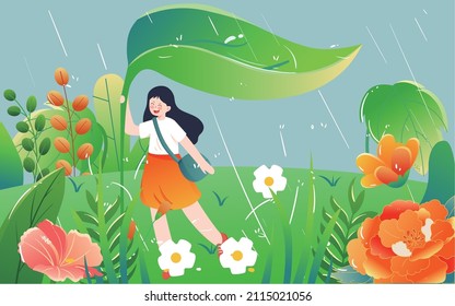 A girl holds a leaf to block the rain against a large field of plants in the background, vector illustration