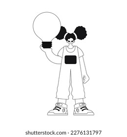 Girl holds light bulb in hands concept of ideas. Linear vectored illustration.