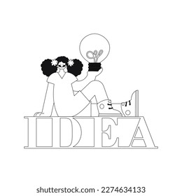 Girl holds lightbulb, symbolizing ideas. Linear vector illustration.
