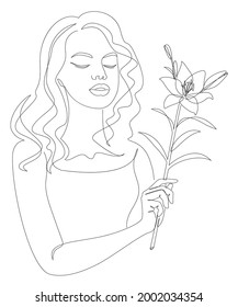 The girl holds a lily flower in her hand. Silhouettes in modern trendy style with one line. Solid outline for decor, posters, stickers, logo. Vector illustration.