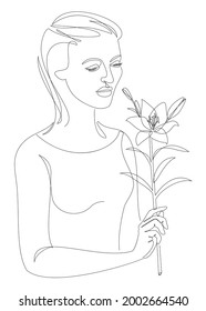 The girl holds a lily flower in her hand. Silhouettes in modern trendy style with one line. Solid outline for decor, posters, stickers, logo. Vector illustration.