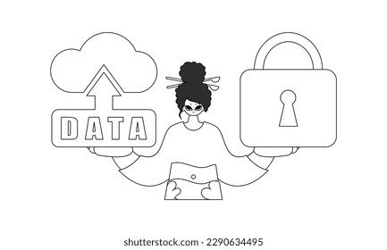 Girl holds logo of cloud storage for IoT in vector linear art