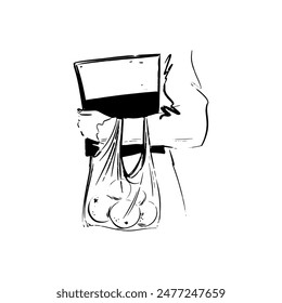 Girl Holds Magazine and Bag with Fruits Sketch Style Illustration
