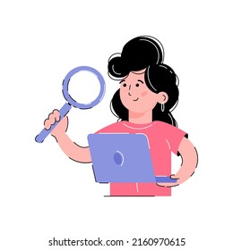 The girl holds a magnifying glass and a laptop in her hands. Information search concept. Isolated on white background. Trendy flat vector style.