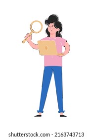 The girl holds a magnifying glass and a laptop in her hands. Information search concept. Isolated on white background. Trendy vector.