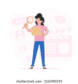 The girl holds a magnifying glass and a laptop in her hands. Information search concept. Trendy vector.