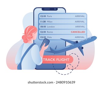 A girl holds a mobile phone displaying flight destinations and information, including cancelled flight. The phone shows a Track Flight button and a plane image. Mobile app for flight tracking. Vector