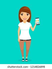 The girl holds a mobile phone in his hand. Always in touch. Technology in everyday life. In flat style. Cartoon.